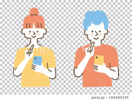 スマホを操作している若い男女二人_色 104480195