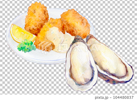 水彩插圖炸牡蠣和生牡蠣 水彩插圖炸牡蠣和生牡蠣 104480837