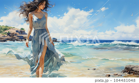 南国の青い空の下、美しい浜辺を歩く若い女性：水彩画