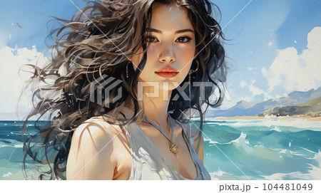 南国の青い空の下、美しい浜辺を歩く若い女性：水彩画