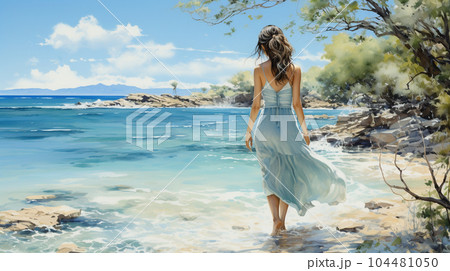 南国の青い空の下、美しい浜辺を歩く若い女性：水彩画