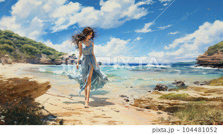 南国の青い空の下、美しい浜辺を歩く若い女性：水彩画
