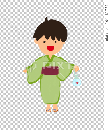 金魚すくいをした男の子(緑、赤、、浴衣、お祭り、屋台、浴衣姿、子供) 104481776