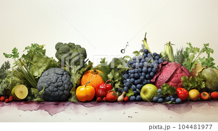 色とりどりの野菜と果物の背景画像：水彩画