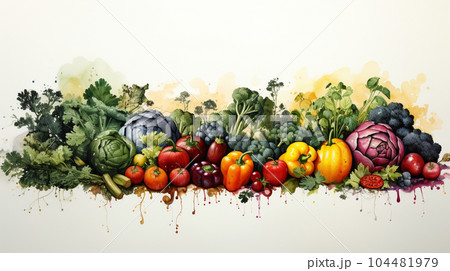 色とりどりの野菜と果物の背景画像：水彩画