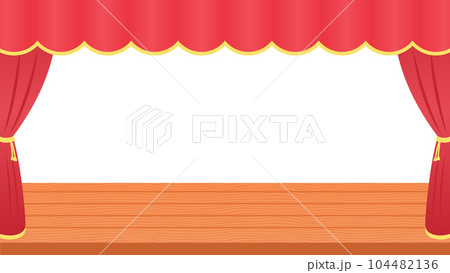 舞台の緞帳をイメージした赤いカーテンが開いているイラスト素材 104482136
