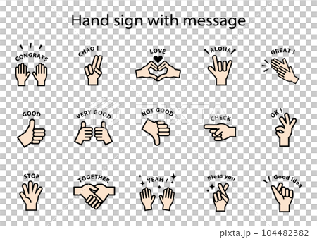 手勢、手勢、帶有傳達情感的消息的手勢圖標線條畫集 手勢、手勢、帶有傳達情感的消息的手勢圖標線條畫集 104482382