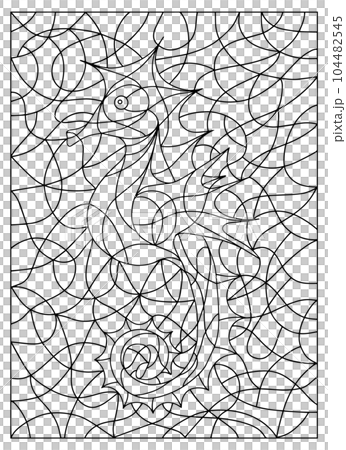 Black and White Illustration in stained glass style with abstract Seahorse. Image for Coloring Book, Coloring Page, Print, Batik and Window. 104482545