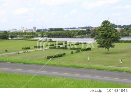 柴又帝釈天付近の流れる江戸川とサイクリングロード 104484848