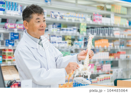 薬局で骨格模型を使って服薬指導する薬剤師・調剤師 104485064