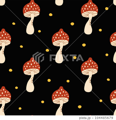 Mushroom pattern. Fall seamless vector print with cute cartoon forest fly agaric in dark background. 104485679