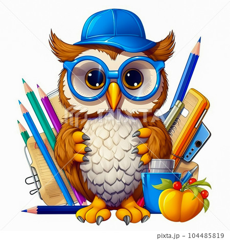 Illustration of an owl with school supplies. The concept of school education. Generative AI 104485819