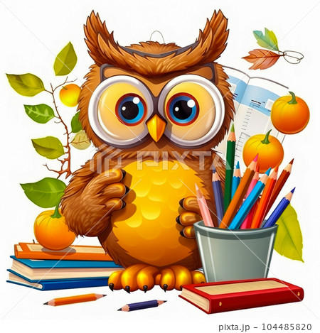 Illustration of an owl with school supplies. The concept of school education. Generative AI 104485820
