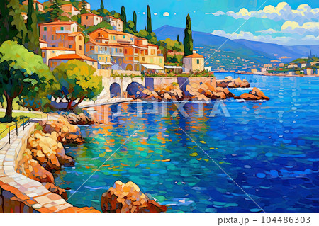 美しい海沿いの街並みのイラスト素材 [104486303] - PIXTA