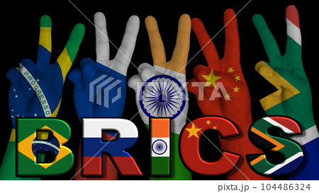 BRICS 5 Hands in victory sign with flags of member countries, on a black background 104486324