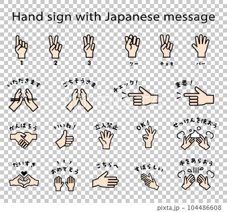手勢、手勢、帶有傳達情感的消息的手勢圖標線條畫集 手勢、手勢、帶有傳達情感的消息的手勢圖標線條畫集 104486608