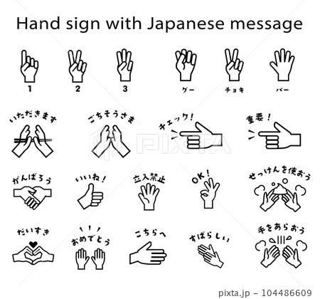 感情を伝えるメッセージつき手の仕草・ジェスチャー・ハンドサイン アイコン 線画 セット 104486609