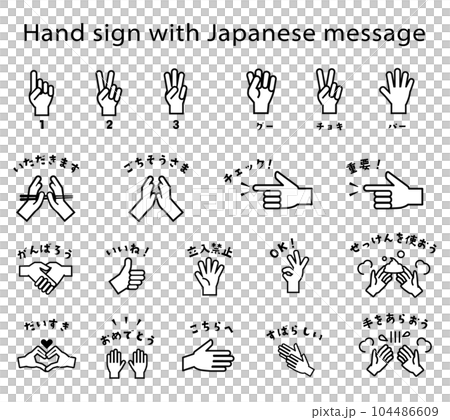 手勢、手勢、帶有傳達情感的消息的手勢圖標線條畫集 手勢、手勢、帶有傳達情感的消息的手勢圖標線條畫集 104486609