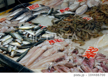 香港島北角の市場で売られる魚。日本ではなじみのない魚も多い 香港島北角の市場で売られる魚。日本ではなじみのない魚も多い 104486700