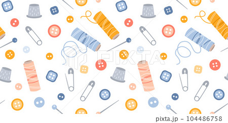 Seamless pattern sewing hobby design elements in flat style. Sewing accessories. Vector illustration 104486758