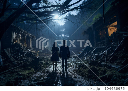 夜の廃墟を歩く男女(AI生成) 夜の廃墟を歩く男女(AI生成) 104486976