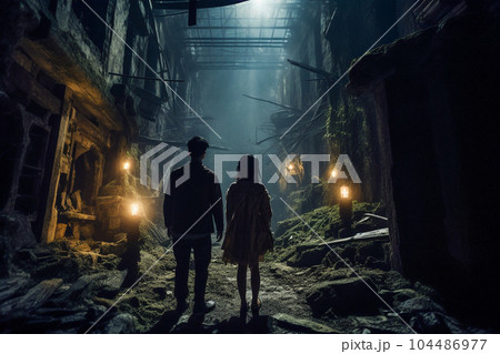 夜の廃墟を歩く男女(AI生成) 夜の廃墟を歩く男女(AI生成) 104486977