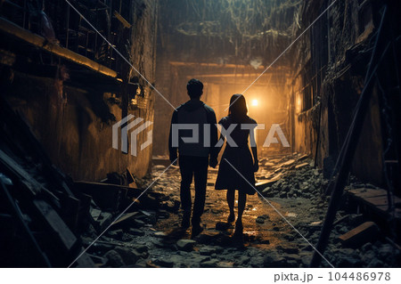 夜の廃墟を歩く男女（AI生成） 104486978