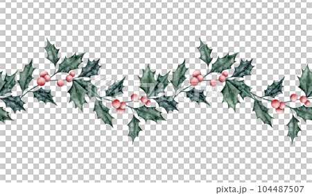 Christmas seamless border of ilex branches with red berries. Emerald holly leaves. Botanical Winterberry Endless banner. Hand painted watercolor illustration for wedding invitation, pack, christmas Christmas seamless border of ilex branches with red berries. Emerald holly leaves. Botanical Winterberry Endless banner. Hand painted watercolor illustration for wedding invitation, pack, christmas 104487507