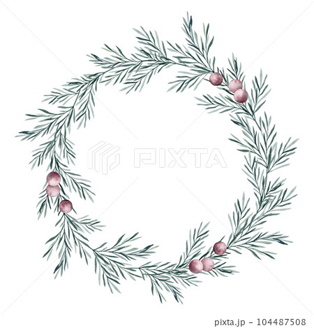 Watercolor wreath of rosemary twigs with leaves and red berries. Taxus baccata. Juniper essential oil. Kitchen herbs branch and spice frame. Hand drawn illustration for banner, label, package, logo Watercolor wreath of rosemary twigs with leaves and red berries. Taxus baccata. Juniper essential oil. Kitchen herbs branch and spice frame. Hand drawn illustration for banner, label, package, logo 104487508