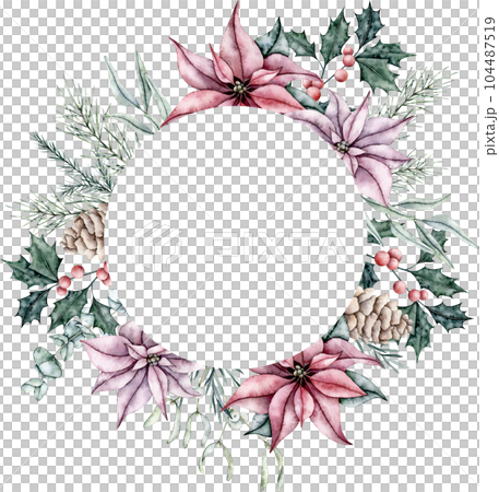 Christmas frame of red poinsettia flower, pine cone, Mistletoe or Viscum, emerald spruce branch, Ilex, pine twig, eucalyptus, evergreen tree, fir, cedar. Floral wreath. Hand painted watercolor flower Christmas frame of red poinsettia flower, pine cone, Mistletoe or Viscum, emerald spruce branch, Ilex, pine twig, eucalyptus, evergreen tree, fir, cedar. Floral wreath. Hand painted watercolor flower 104487519
