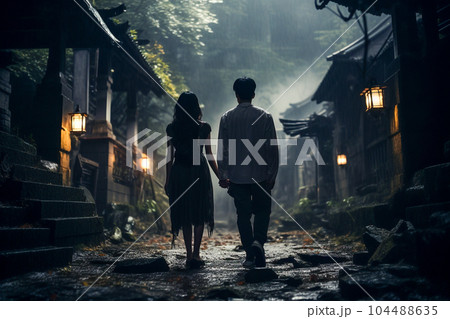 夜の神社を歩く男女（AI生成） 104488635