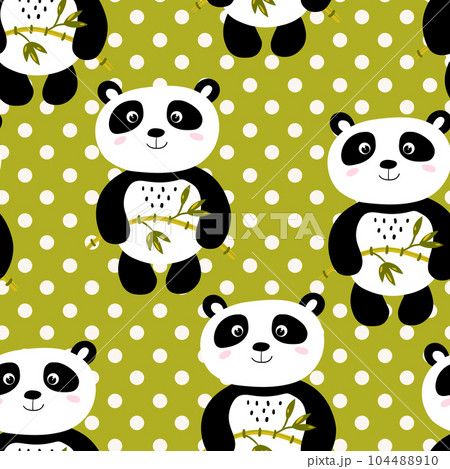 Seamless pattern with cute panda baby on color background. Funny asian animals. Card, postcards for kids. Flat vector illustration for fabric, textile, wallpaper, poster, gift wrapping paper 104488910