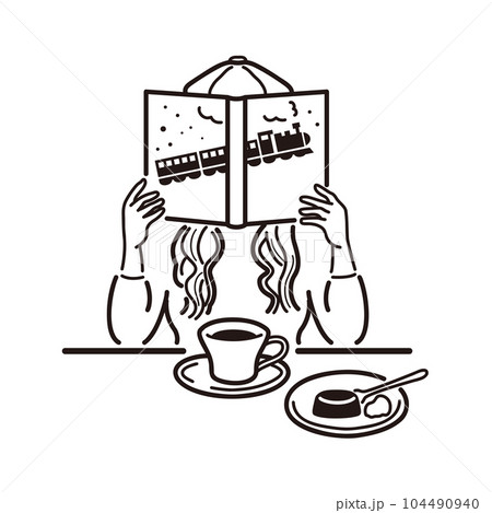 カフェで読書をする女性のイラスト（線画） 104490940