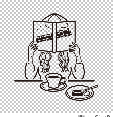 カフェで読書をする女性のイラスト（線画） 104490940