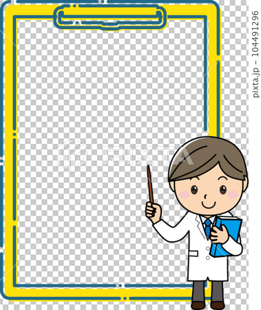 A man in a white coat explaining with a pointing stick in front of a large clipboard frame A man in a white coat explaining with a pointing stick in front of a large clipboard frame 104491296