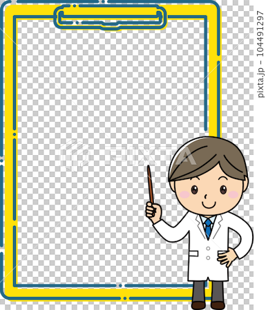 A man in a white coat explaining with a pointing stick in front of a large clipboard frame A man in a white coat explaining with a pointing stick in front of a large clipboard frame 104491297