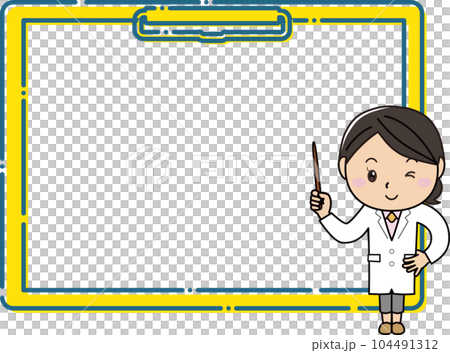 A woman in a white coat explaining with a pointing stick in front of a large clipboard frame A woman in a white coat explaining with a pointing stick in front of a large clipboard frame 104491312