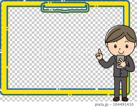一名身穿西裝的男子拿著智能手機,在大剪貼板框架前解釋 一名身穿西裝的男子拿著智能手機,在大剪貼板框架前解釋 104491410