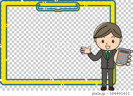 A man in a suit holding a calculator and explaining in front of a large clipboard frame 104491411