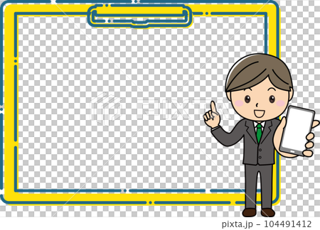 A man in a suit holding a smartphone and explaining in front of a large clipboard frame A man in a suit holding a smartphone and explaining in front of a large clipboard frame 104491412