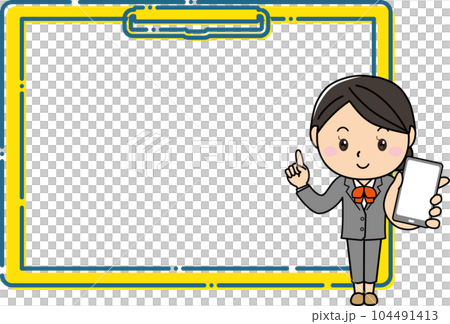 A woman in a suit holding a smartphone and explaining in front of a large clipboard frame 104491413