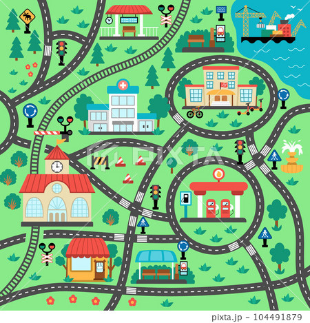 City transport map. Square shaped background with railway, roads, traffic signs for kids. Vector road trip playing mat for kids. Urban plan with school, railway station, bus stop, gas station, cafe, 104491879