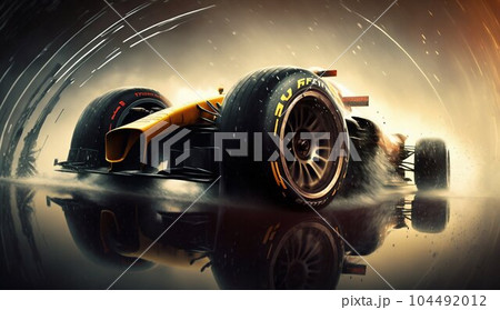 Close-Up of F1 Car Wheel in Misty Rain. Generative ai 104492012