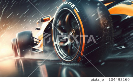 Close-Up of F1 Car Wheel in Misty Rain. Generative ai 104492160