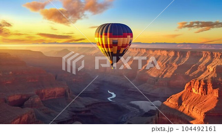 Blueish Hot Air Balloon Floating in the Sky at Sunset, Over the Grand Canyon. Generative ai 104492161