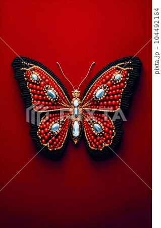 Butterfly Made of Red Coral, Mahogany, and Black Obsidian. Generative ai 104492164