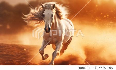 Arabian Stallion Galloping Through a Sun-kissed Field. Generative ai 104492165