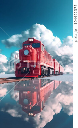 Red Locomotive Traveling Through Blue Clouds. Generative ai 104492375