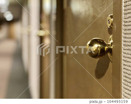 たくさん並んだホテルのドアと廊下イメージ 104493159