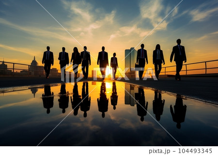 プロフェッショナルチームのイメージ(9人、夕日、水面、反射) AI生成 プロフェッショナルチームのイメージ(9人、夕日、水面、反射) AI生成 104493345